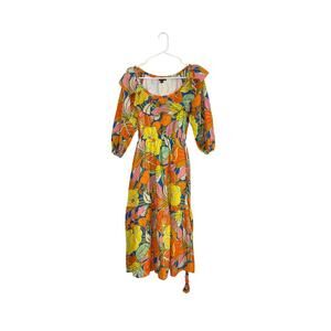 J.crew Belted Tropical Floral Colorful Midi Dress On/Off Shoulder Sz XS Ruffles